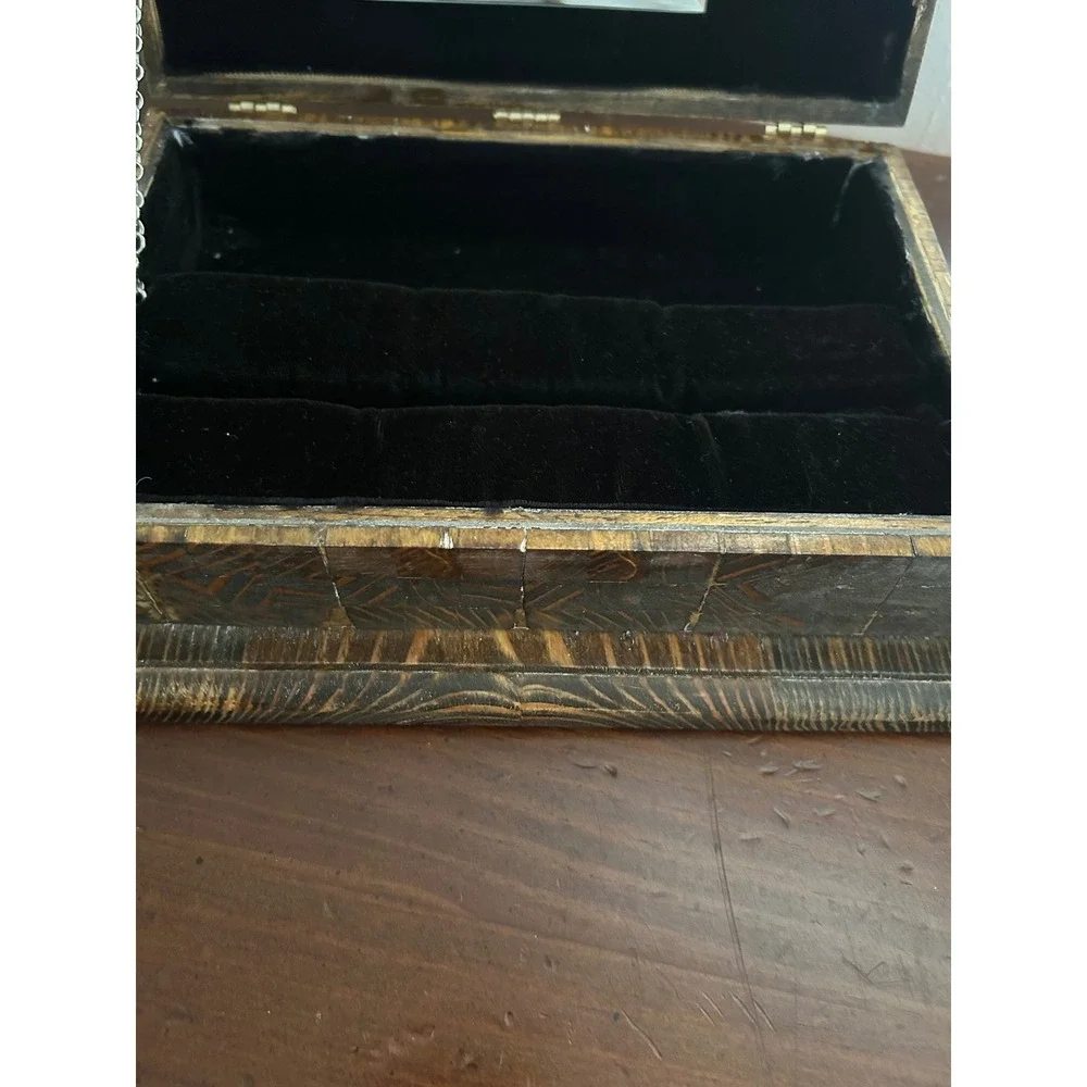 Vintage Wooden Jewelry Box Mirror Black Velvet Lining Handcrafted